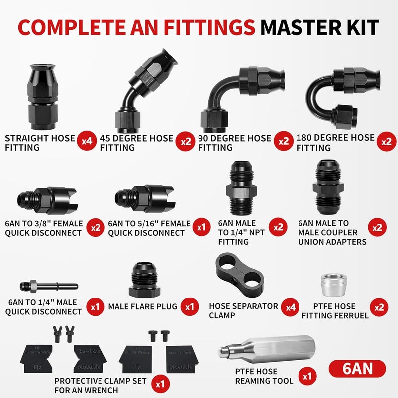BRIFITOR 6AN PTFE Hose End Fittings Kit,0/45/90/180 Degree Fittings with Quick-Disconnect Adapters,AN Wrench Protectors & PTFE Hose Assemby Tool For LS Swap EFI System - Image 2
